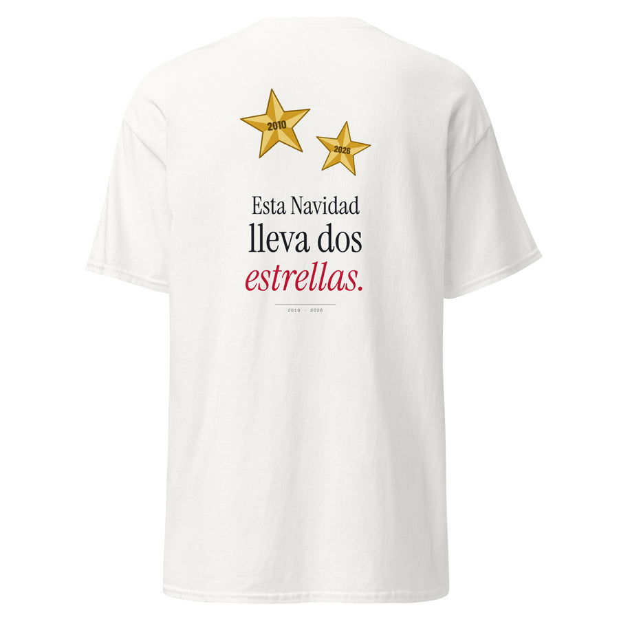 Camiseta Esta Navidad lleva dos estrellas · 2010 y 2026 (blanca)